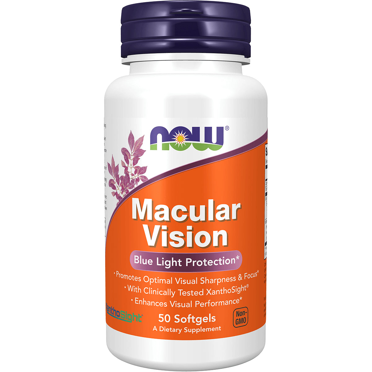 NWF1350 | White bottle with purple cap labeled NOW Macular Vision Blue Light Protection, 50 softgels dietary supplement