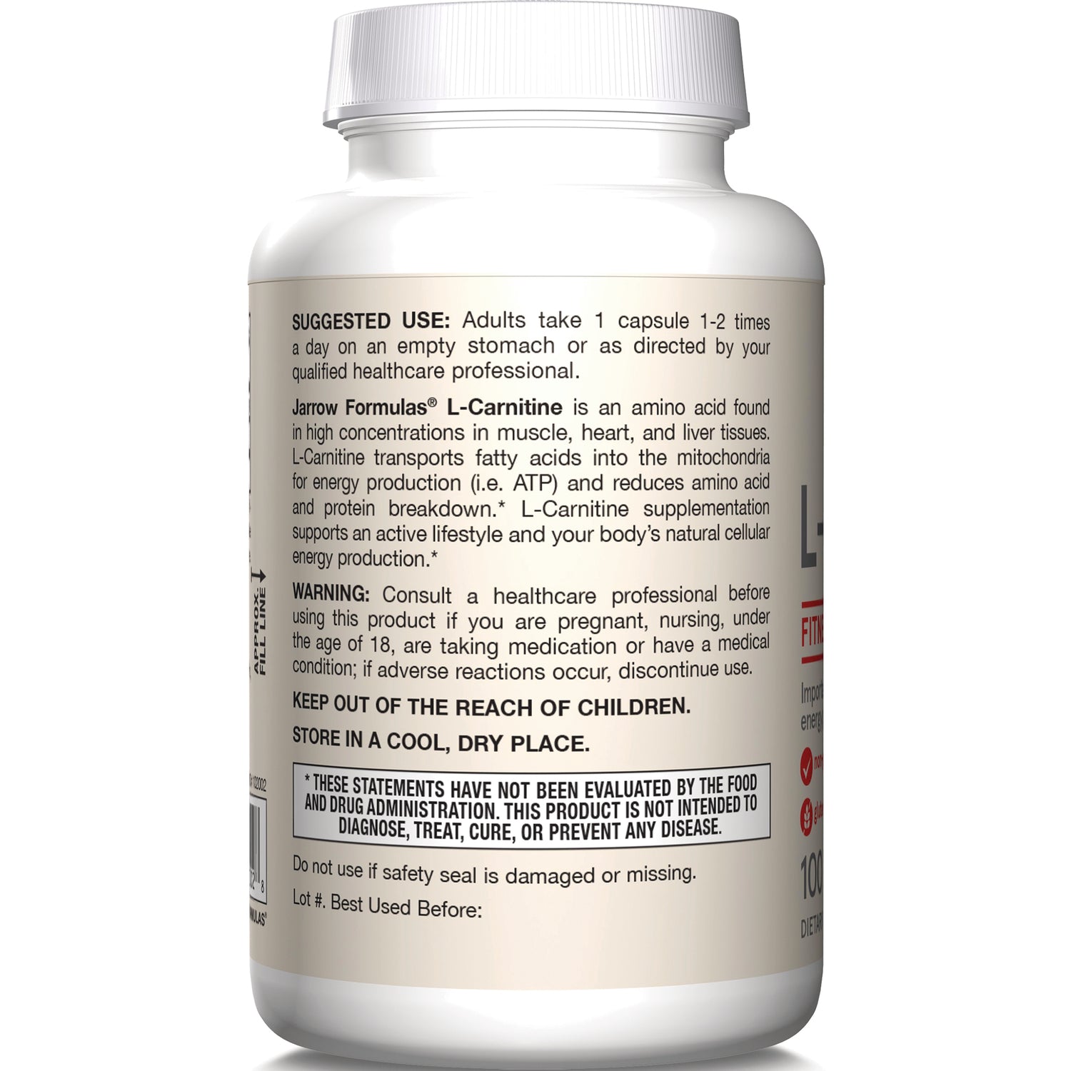 JR193 | Back label of supplement bottle showing suggested use, warning, keep out of reach of children and storage instructions