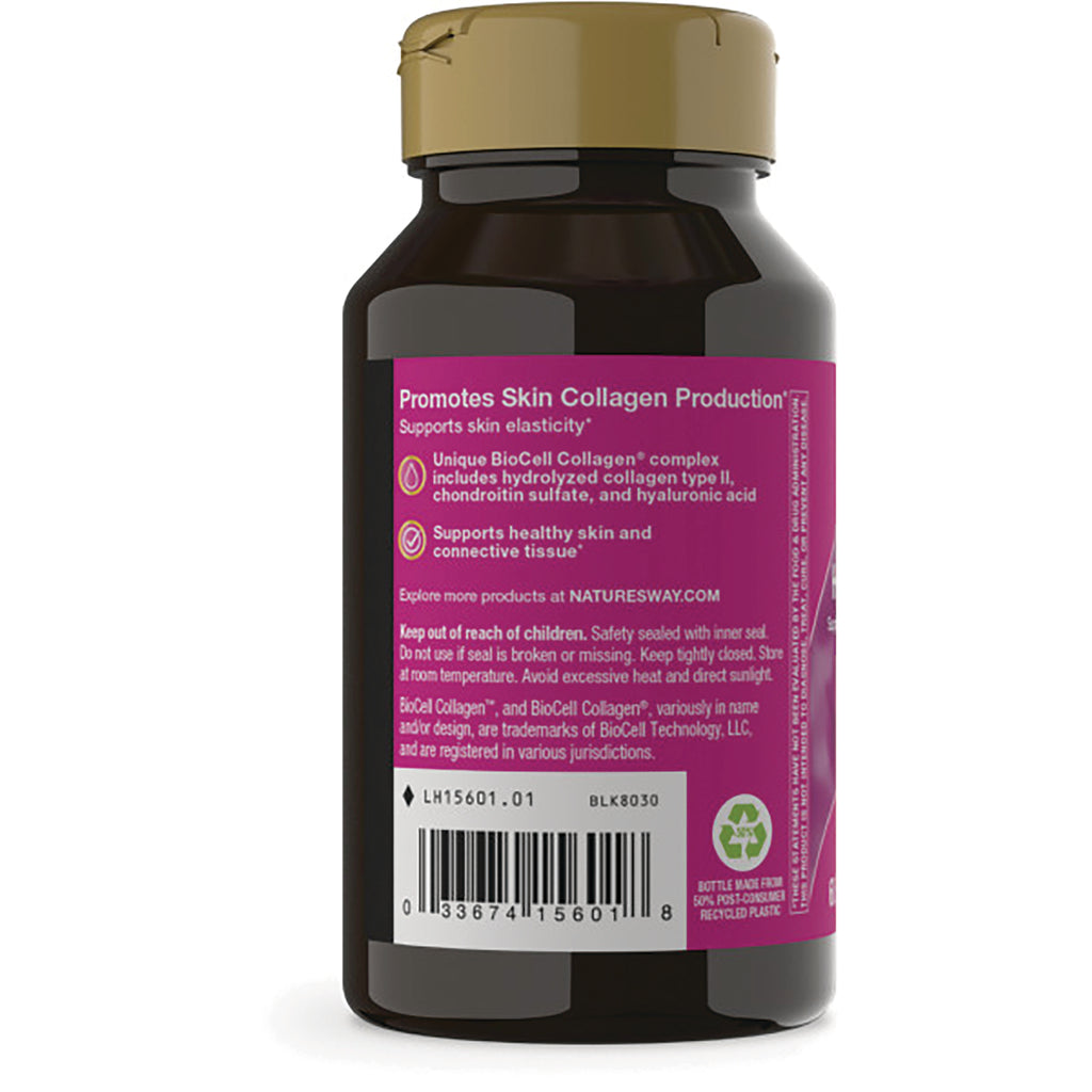 NW624 | Back of brown supplement bottle with pink label reading Promotes Skin Collagen Production and barcode - Thumbnail