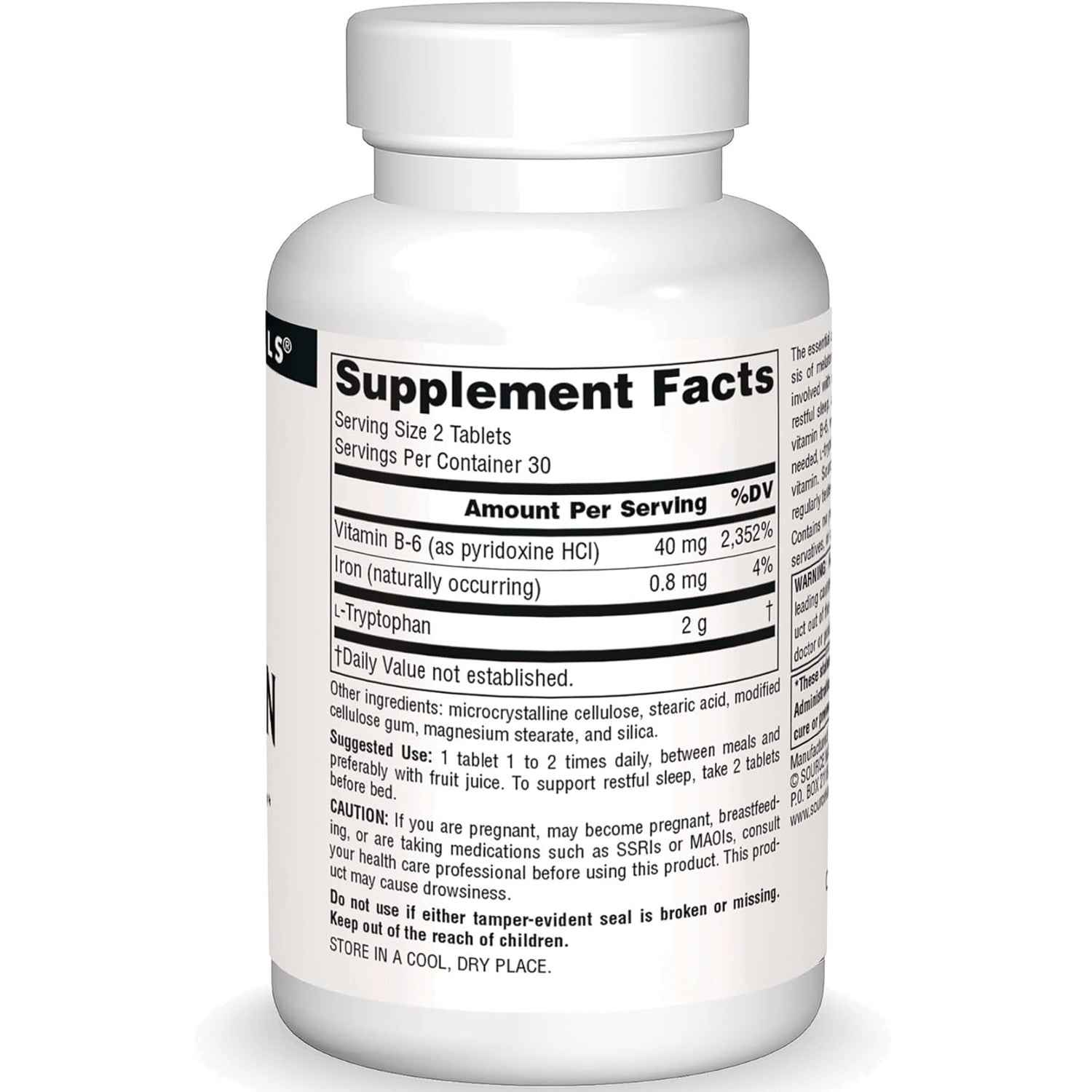 SN568 | Back label showing Supplement Facts panel, serving size, ingredients, suggested use, and caution