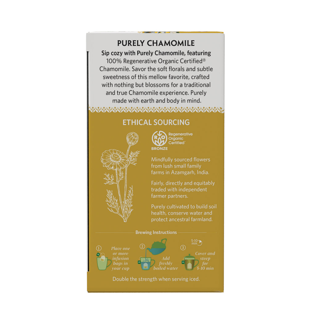 RGN104 | Back of PURELY CHAMOMILE tea box with ethical sourcing text, certification badge, floral drawing, brewing steps - Thumbnail