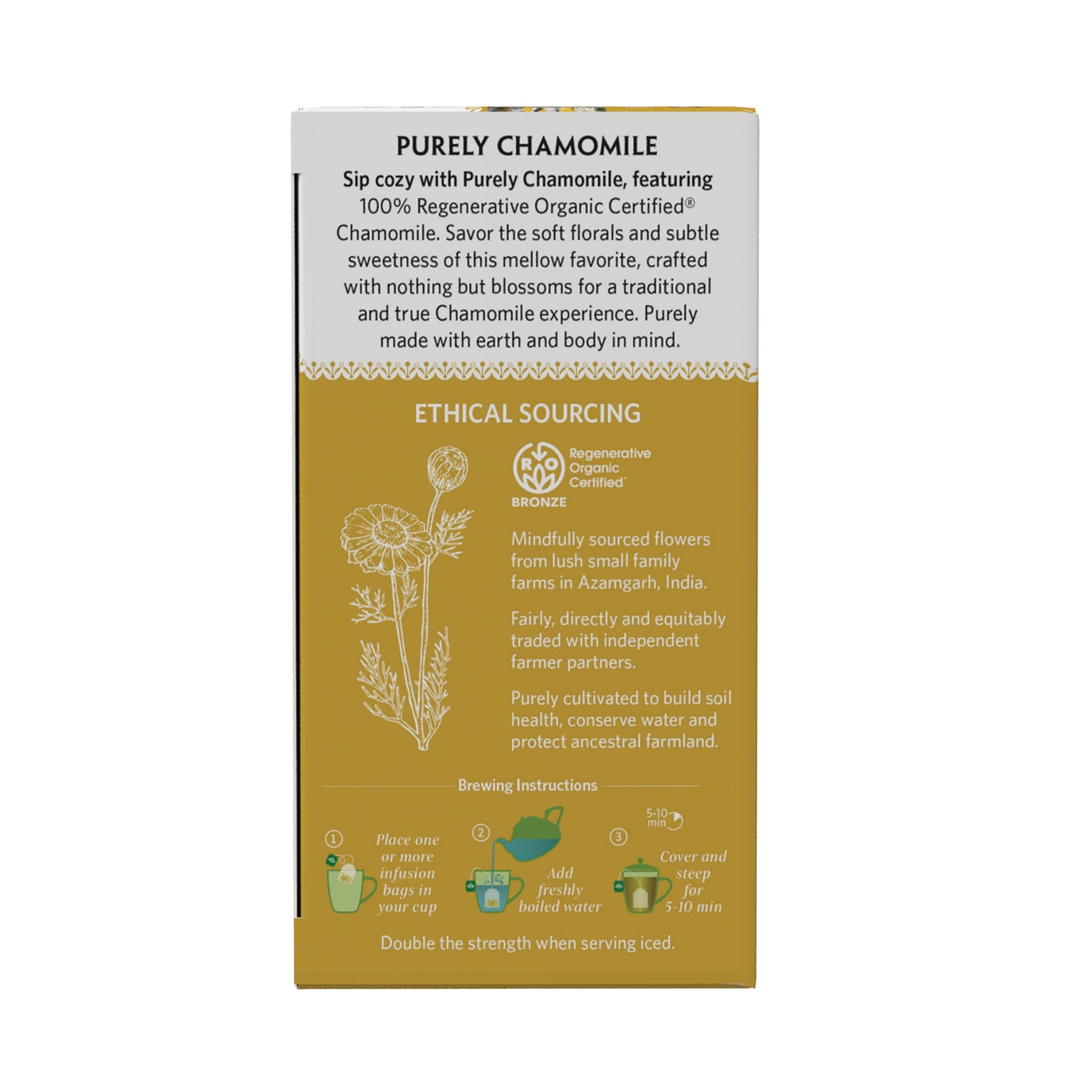 RGN104 | Back of PURELY CHAMOMILE tea box with ethical sourcing text, certification badge, floral drawing, brewing steps