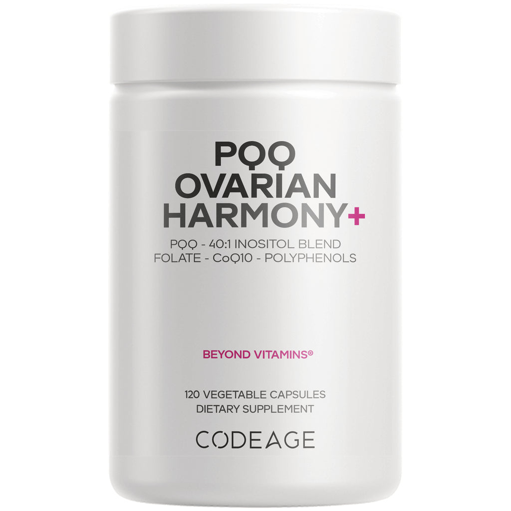 CDG065 | white bottle of Codeage Ovarian Harmony+ supplement labeled POQ OVARIAN HARMONY+, 120 vegetable capsules - Thumbnail