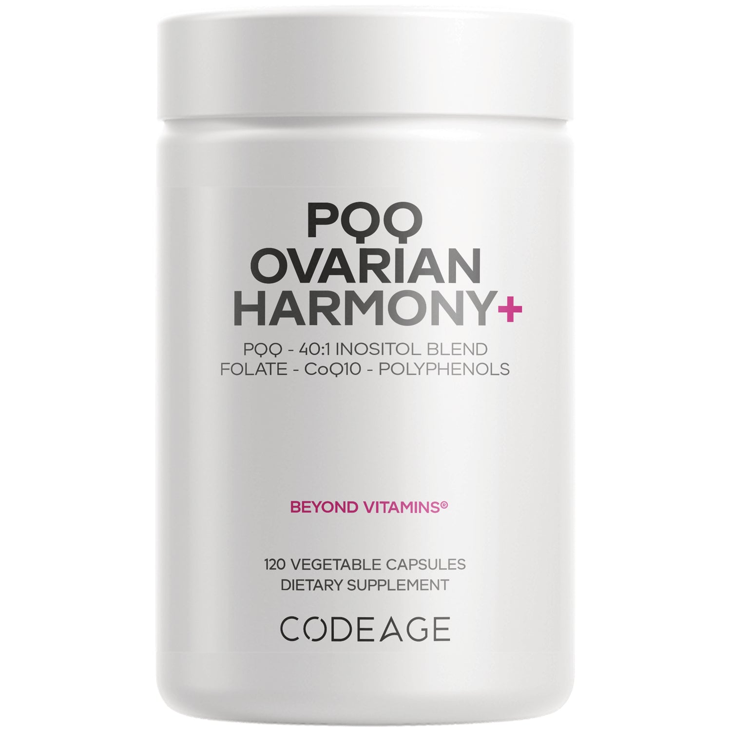 CDG065 | white bottle of Codeage Ovarian Harmony+ supplement labeled POQ OVARIAN HARMONY+, 120 vegetable capsules