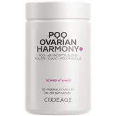 CDG065 | white bottle of Codeage Ovarian Harmony+ supplement labeled POQ OVARIAN HARMONY+, 120 vegetable capsules