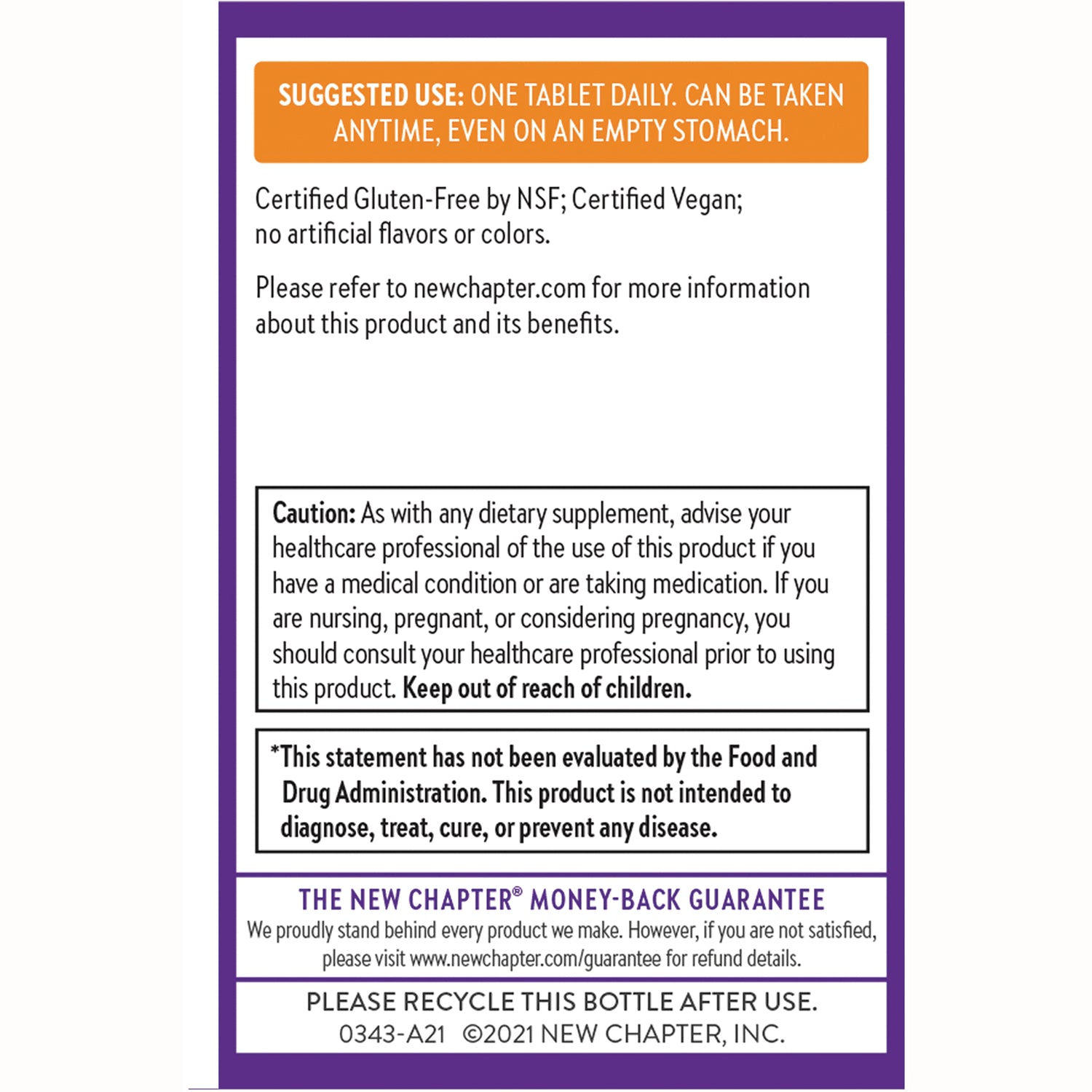 NWC339 | Back label with suggested use, certification, caution box, FDA statement and recycling information