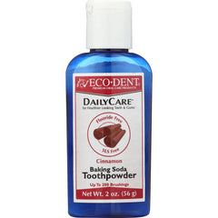 ECD004 | Blue bottle with white cap labeled ECODENT DailyCare cinnamon baking soda toothpowder Net Wt 2 oz (56 g)