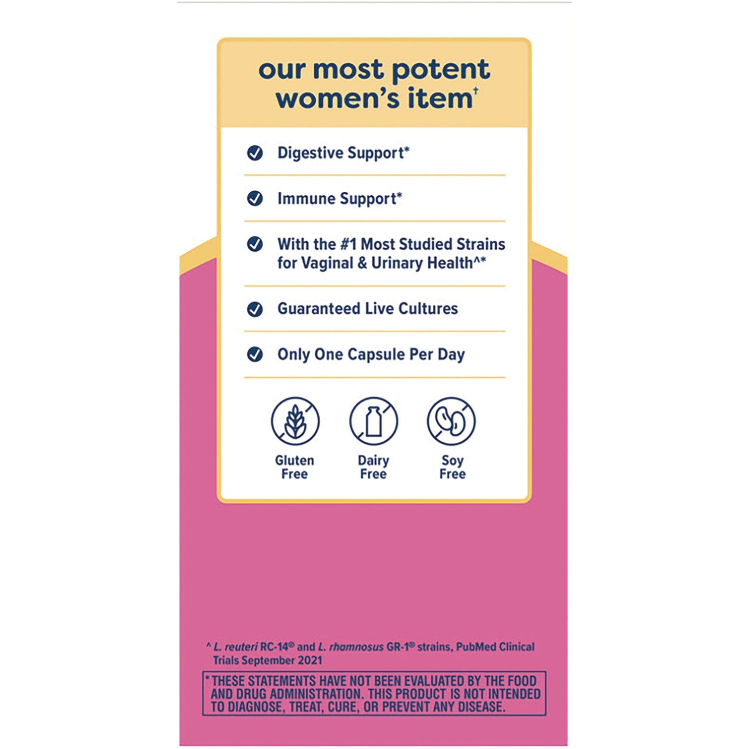 RNL238 | product infographic: digestive and immune support, guaranteed live cultures, one capsule per day; gluten, dairy, soy free