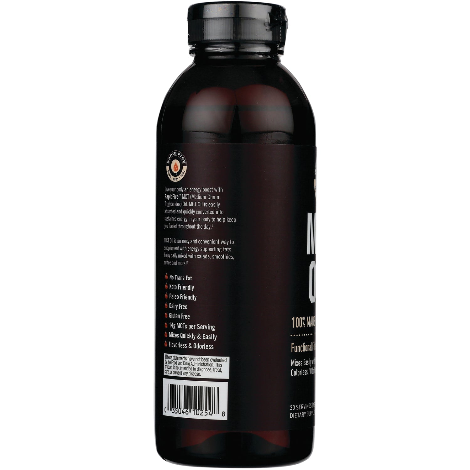 RPF001 | Back of dark supplement bottle showing label text, bullet-point benefits and barcode