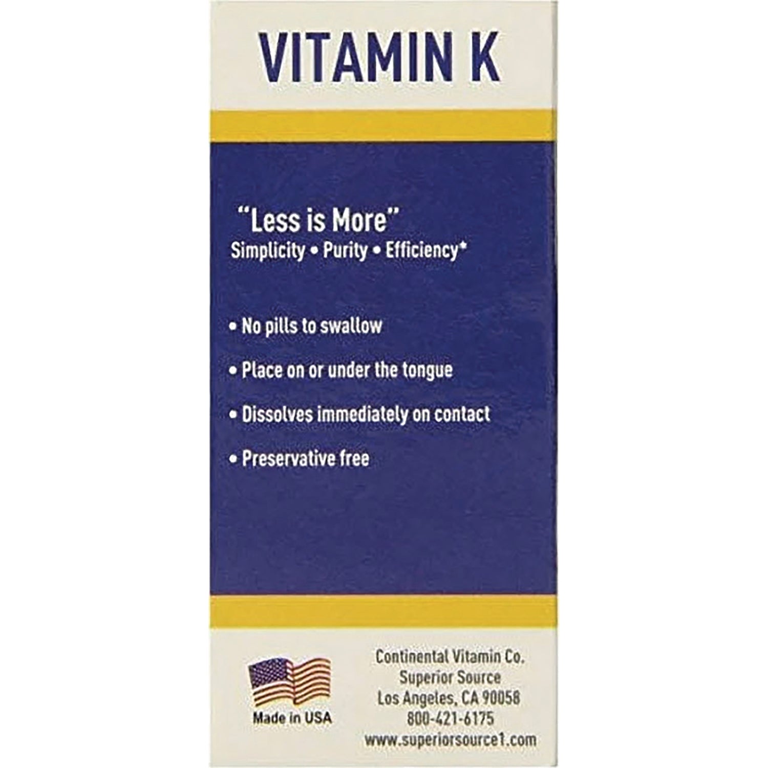 SUS019 | Vitamin K box back panel with Less is More and notes: no pills, place on or under tongue, dissolves