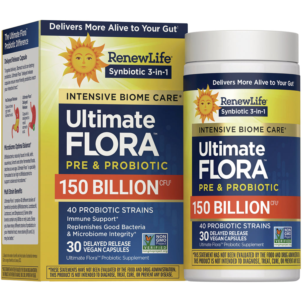 RNL239 | RenewLife Ultimate Flora Pre & Probiotic box front showing 150 billion CFU, 40 strains, 30 vegetarian capsules - Thumbnail