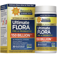 RNL239 | RenewLife Ultimate Flora Pre & Probiotic box front showing 150 billion CFU, 40 strains, 30 vegetarian capsules