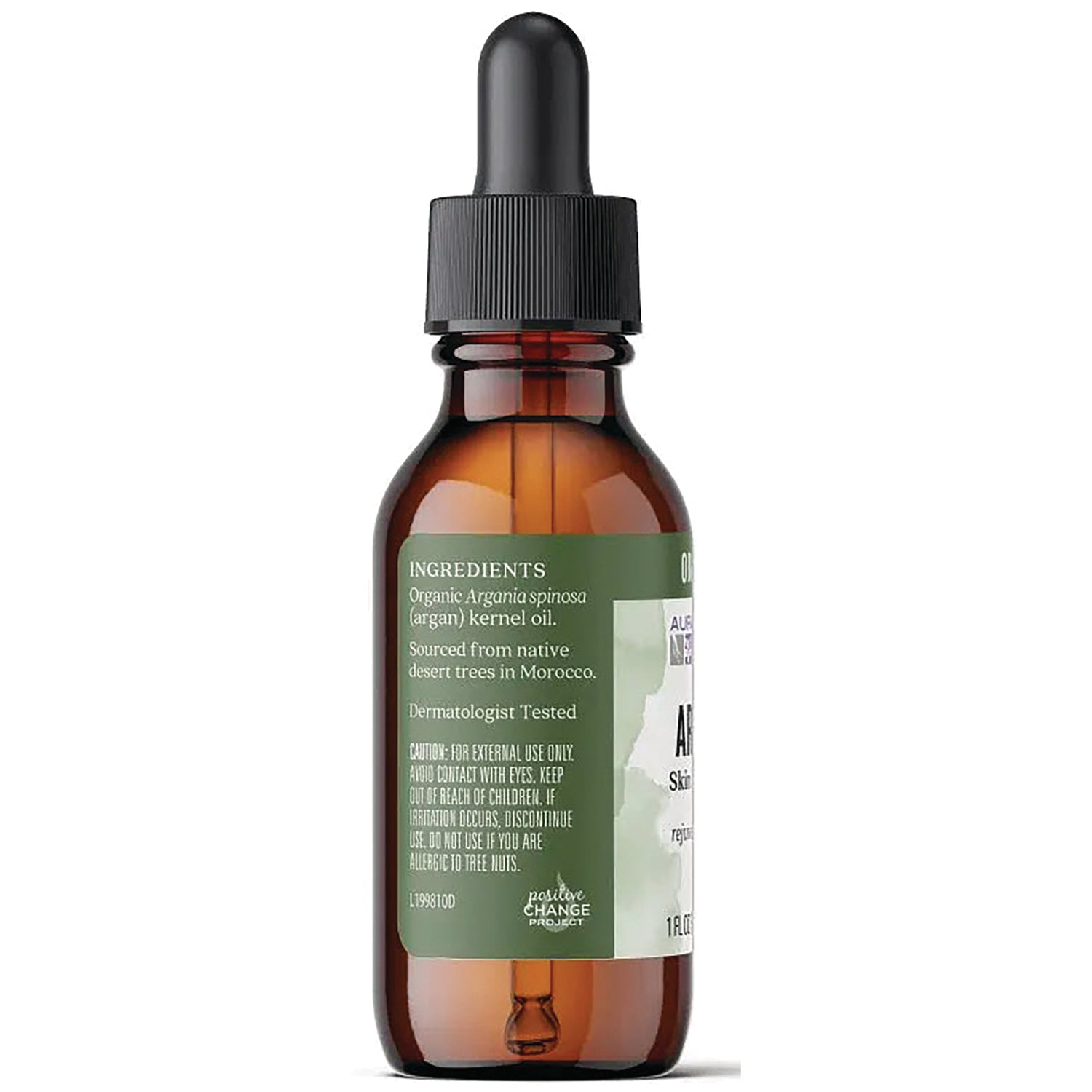 ARC100 | Back of amber glass dropper bottle showing ingredients label listing organic argan kernel oil and caution warnings