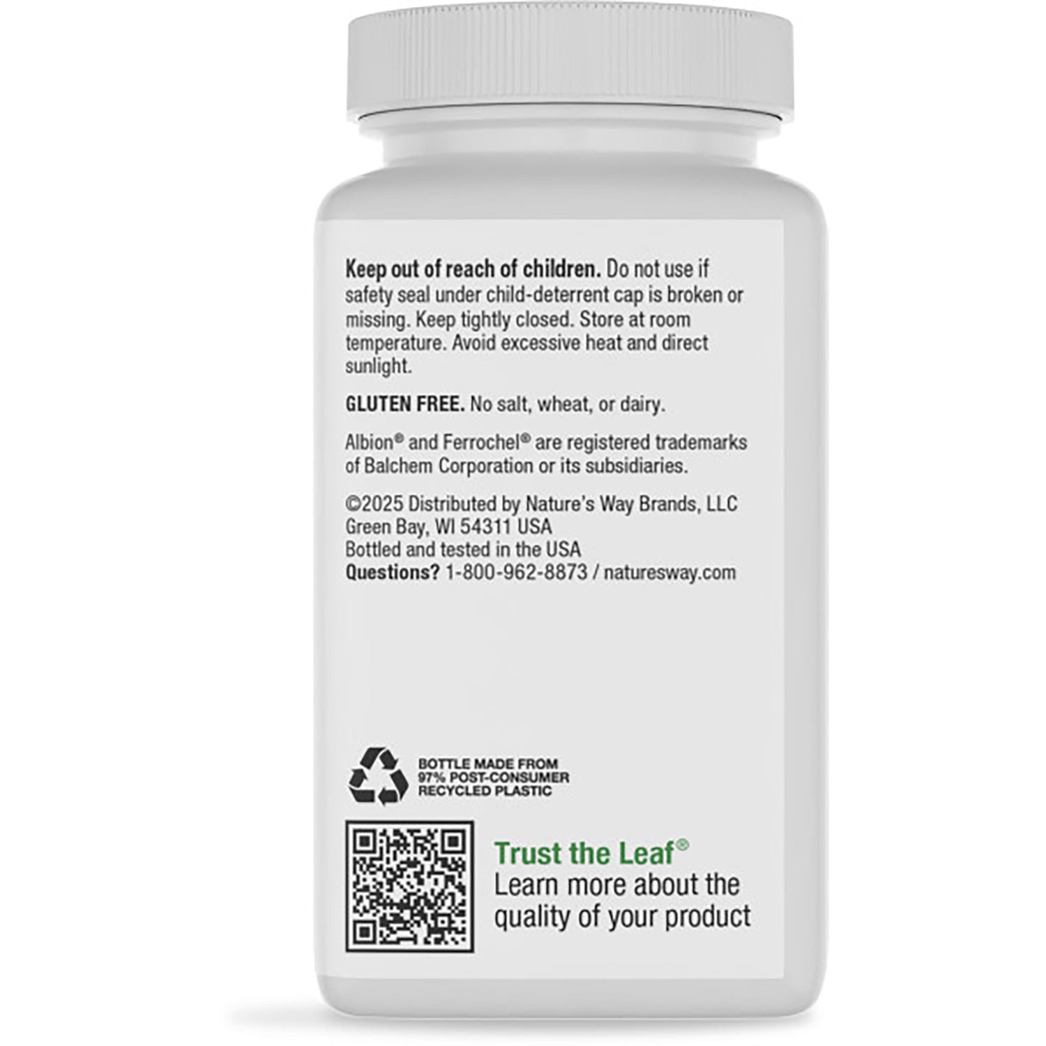 ET130 | Back label of brown supplement bottle with green panel reading Supports Healthy Red Blood Cells lists benefits, barcode and recycling symbol