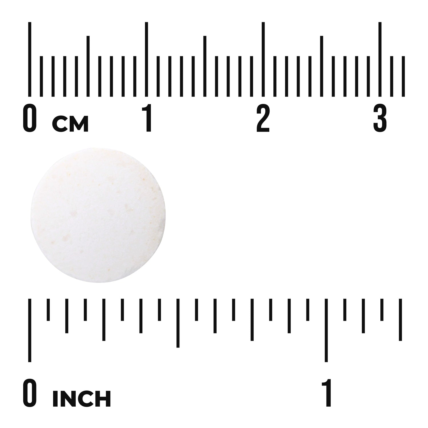 SW1715 | Round white tablet shown with metric and inch rulers for size reference