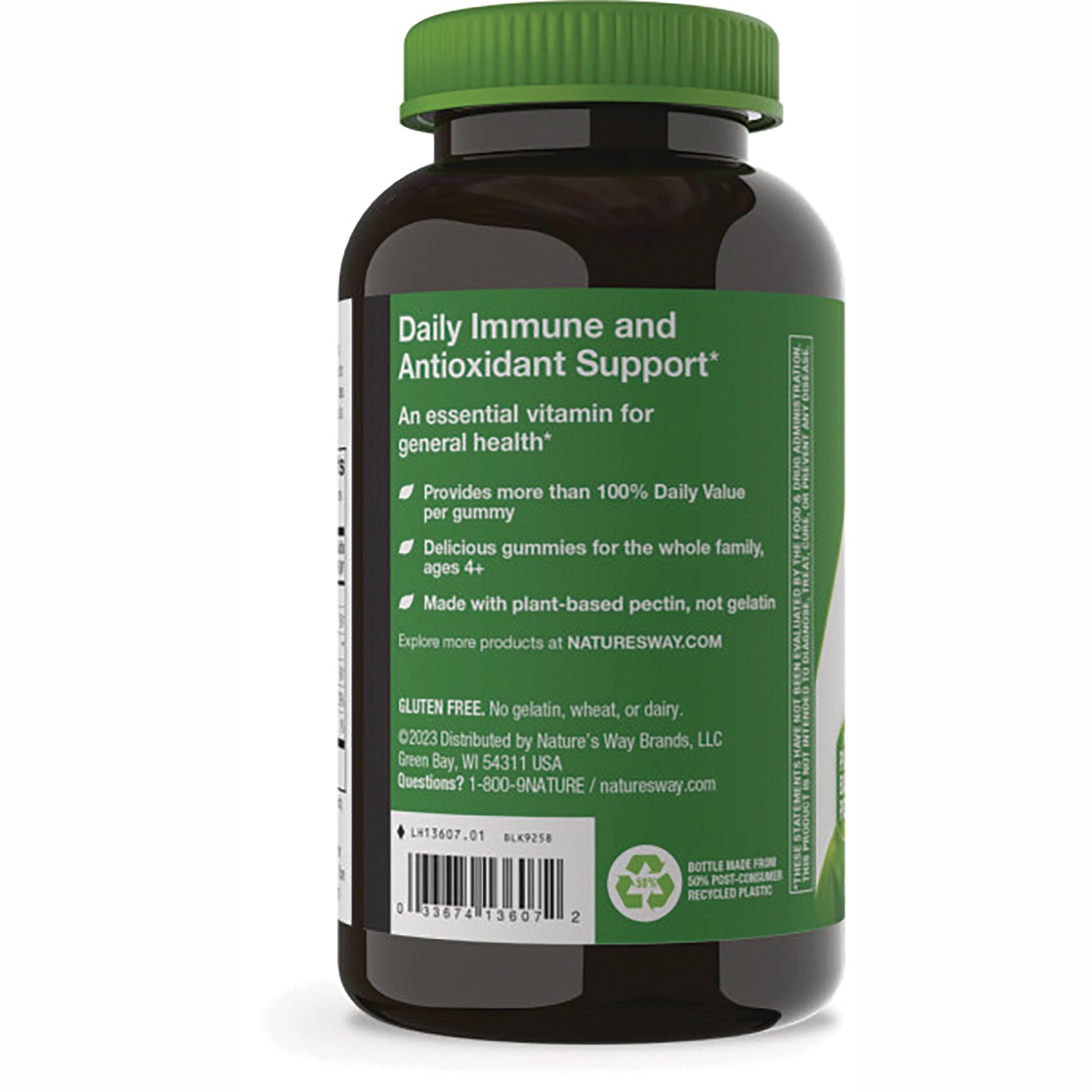 NW1005 | Back label on brown supplement bottle showing Daily Immune and Antioxidant Support text, gluten free note, and barcode