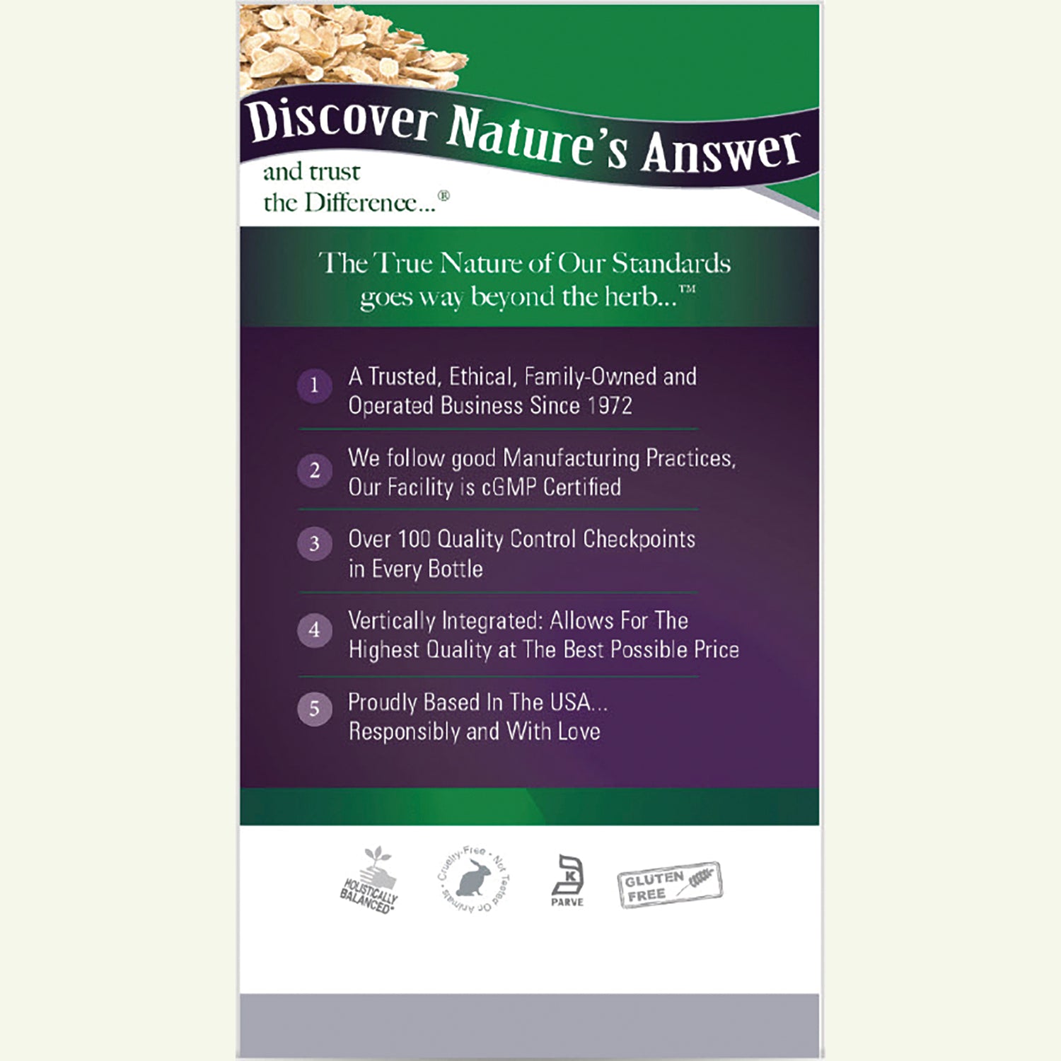 NAT141 | Back panel showing Discover Nature's Answer header, five quality statements and certification icons