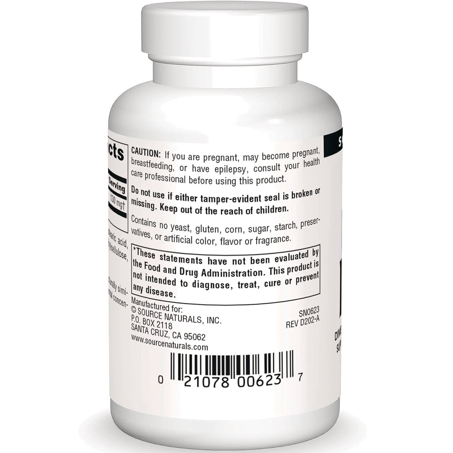 SN380 | Back label of Source Naturals supplement bottle with caution text, FDA disclaimer, and barcode