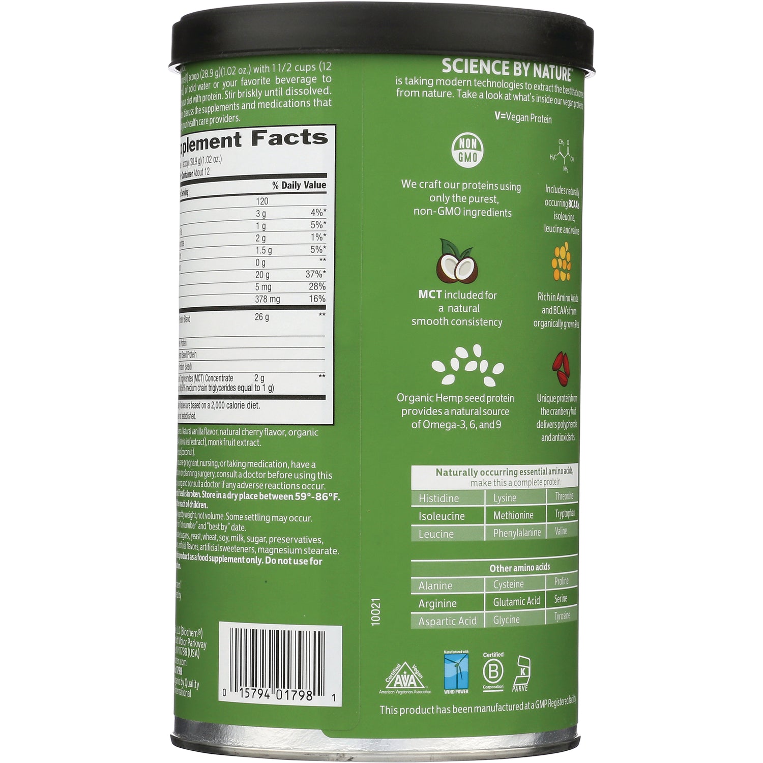 CRL365 | canister back with Supplement Facts panel, ingredient highlights, amino acid table and barcode