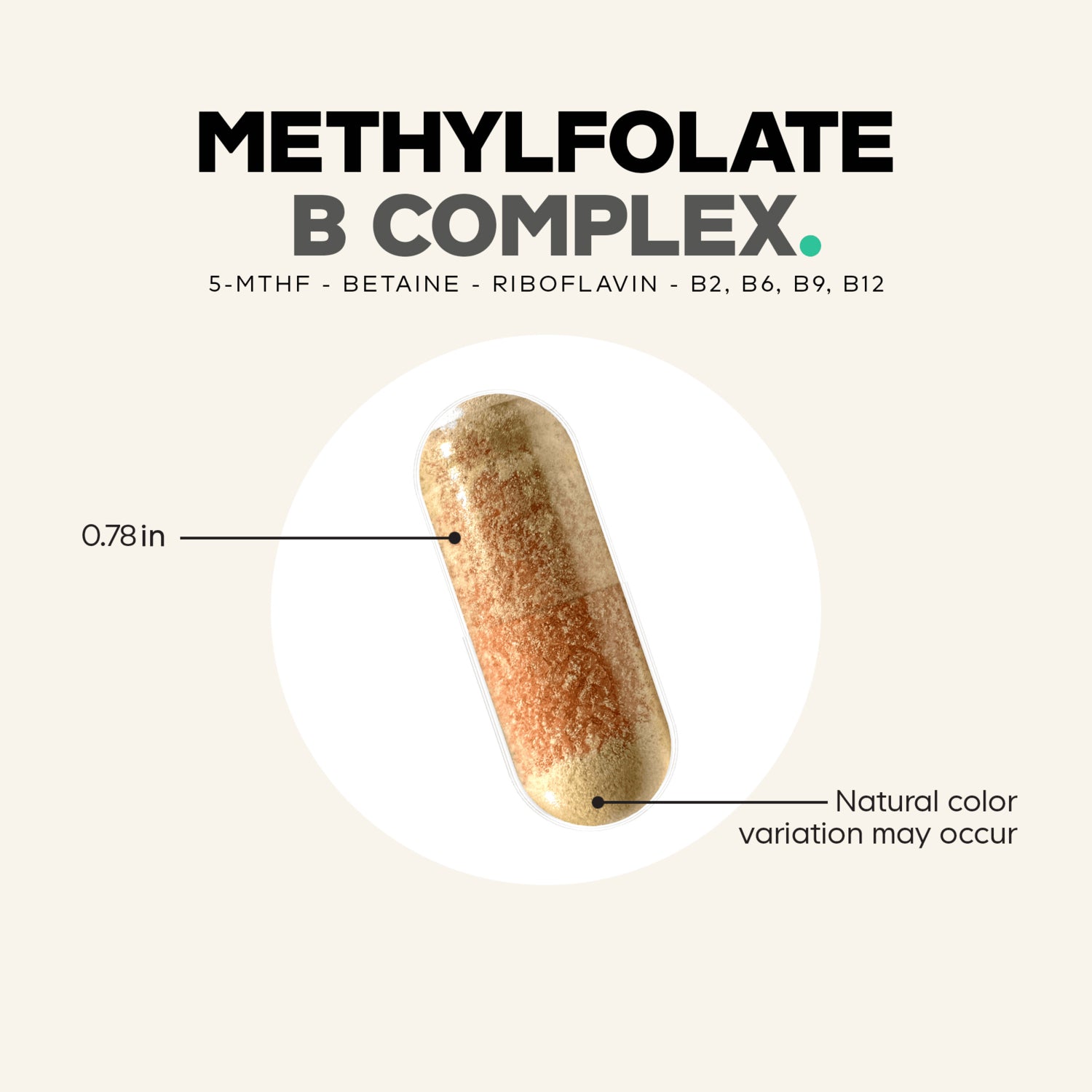 CDG030 | Methylfolate B Complex capsule infographic with size and natural color variation notes