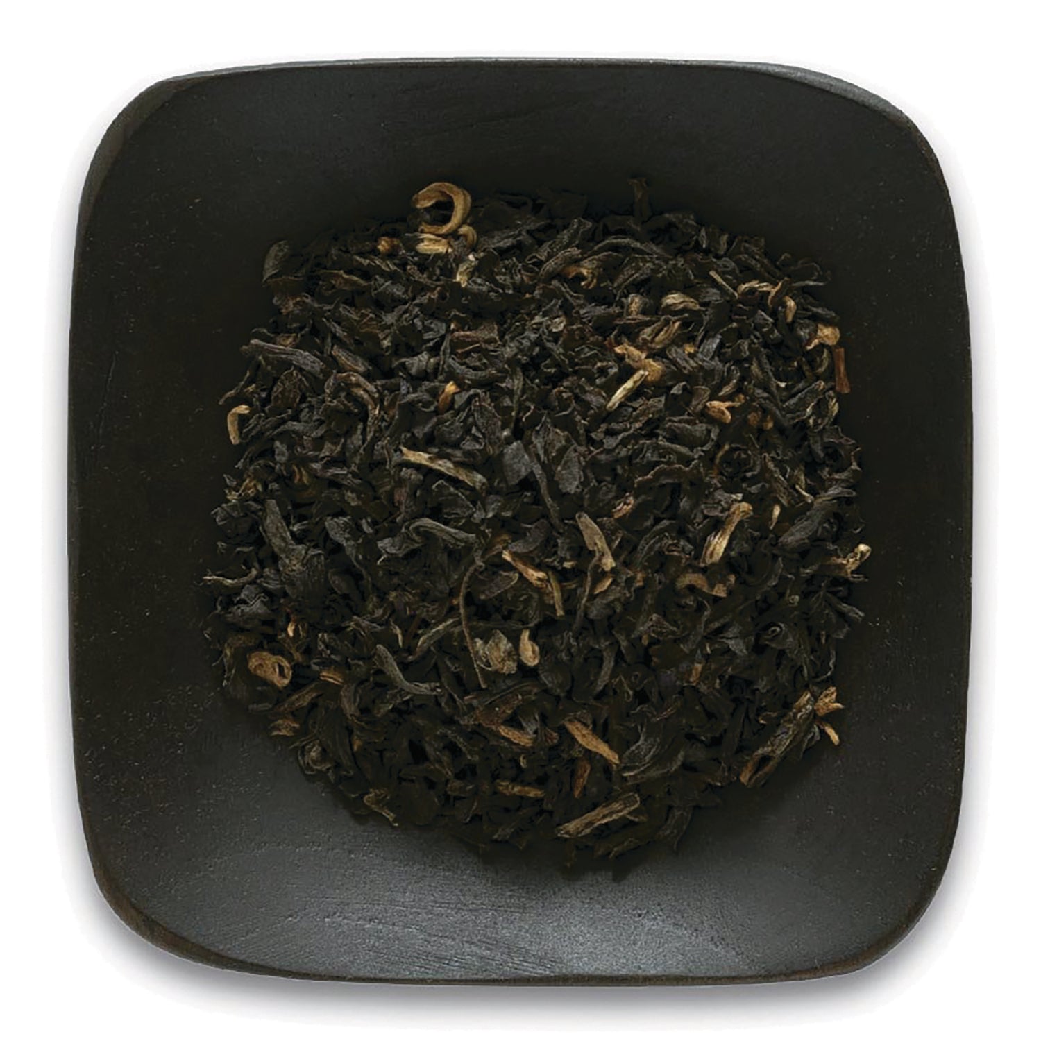 FNP026 | loose black tea leaves on a dark square dish