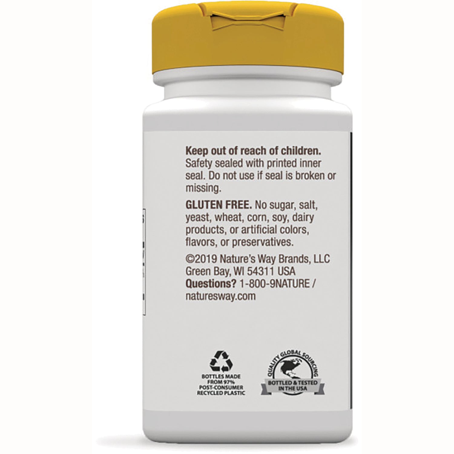 NW753 | back of white supplement bottle with yellow cap showing safety and gluten free text and recycling icons