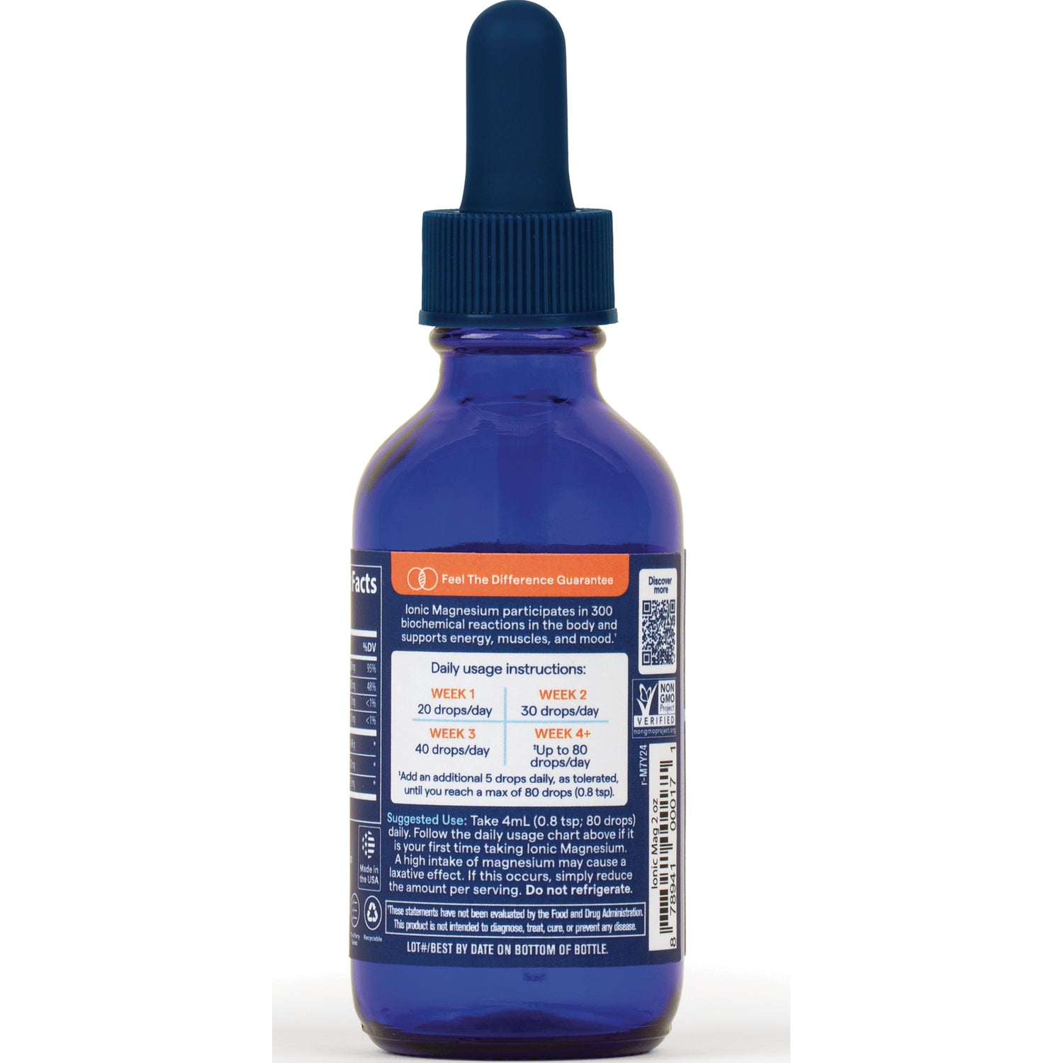 TM036 | Back label of blue dropper bottle with Supplement Facts and daily usage instructions