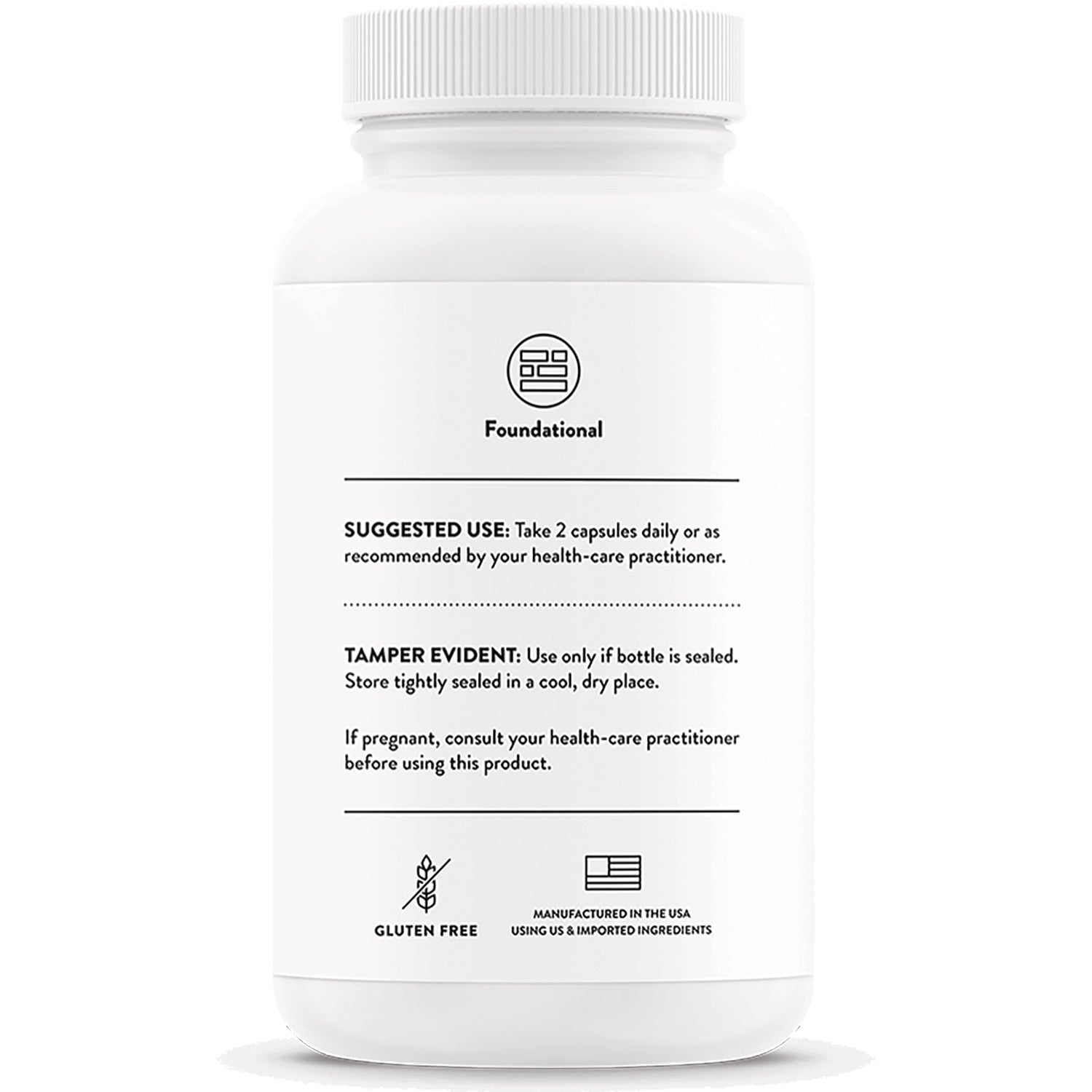 TRN015 | Back label of supplement bottle showing suggested use: Take 2 capsules daily; gluten free; made in USA