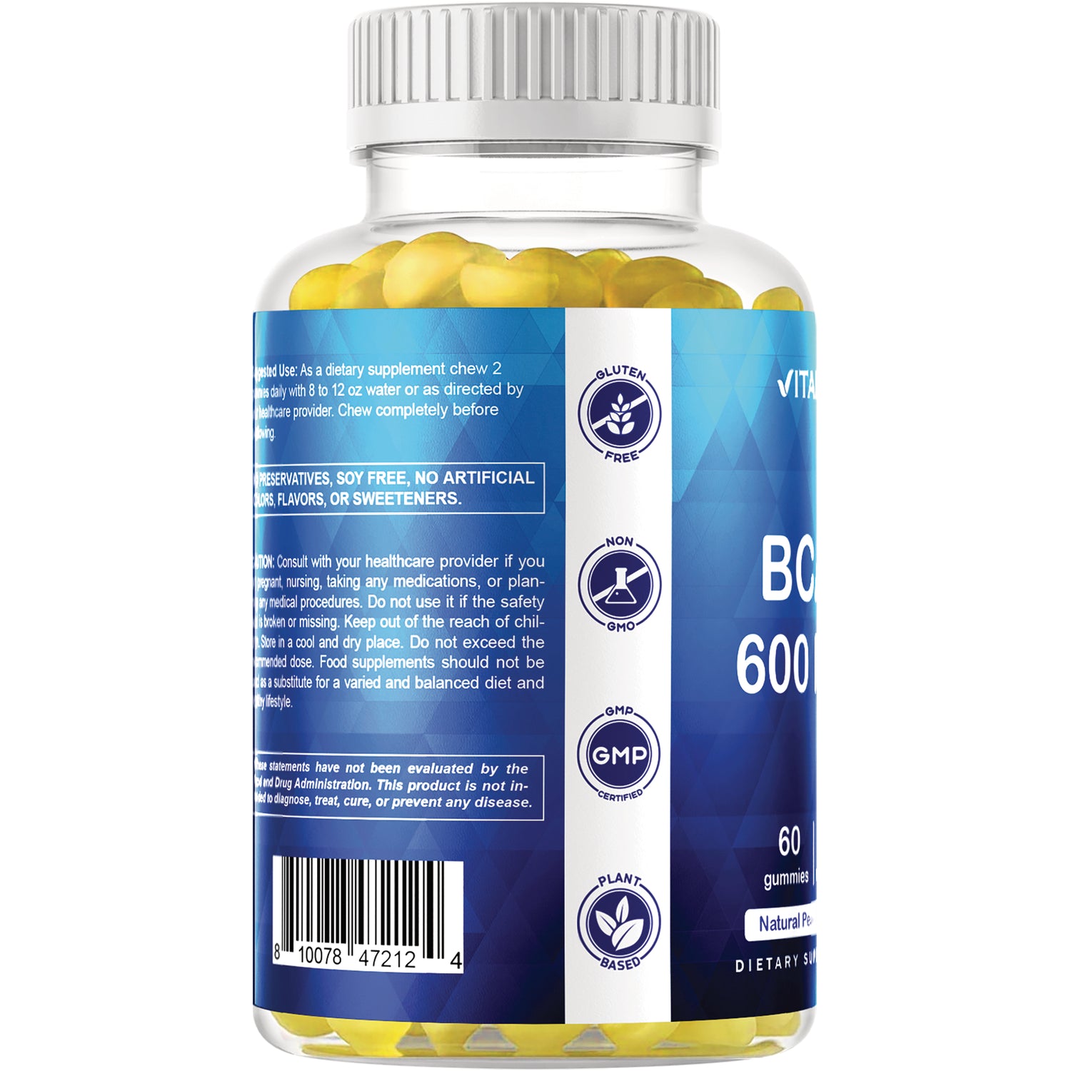 VAM016 | Back of supplement bottle showing Gluten Free, Non GMO, GMP Certified, Plant Based icons and label text