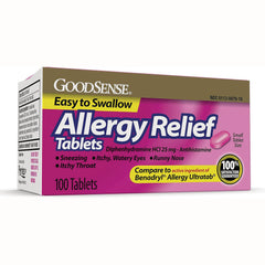GDS004 | GoodSense Allergy Relief tablets box, Diphenhydramine HCl 25 mg, 100 tablets, front packaging