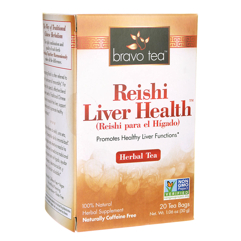 BVT008 | Bravo Tea Reishi Liver Health herbal tea box front showing Herbal Tea label and Non GMO Project Verified badge - Thumbnail
