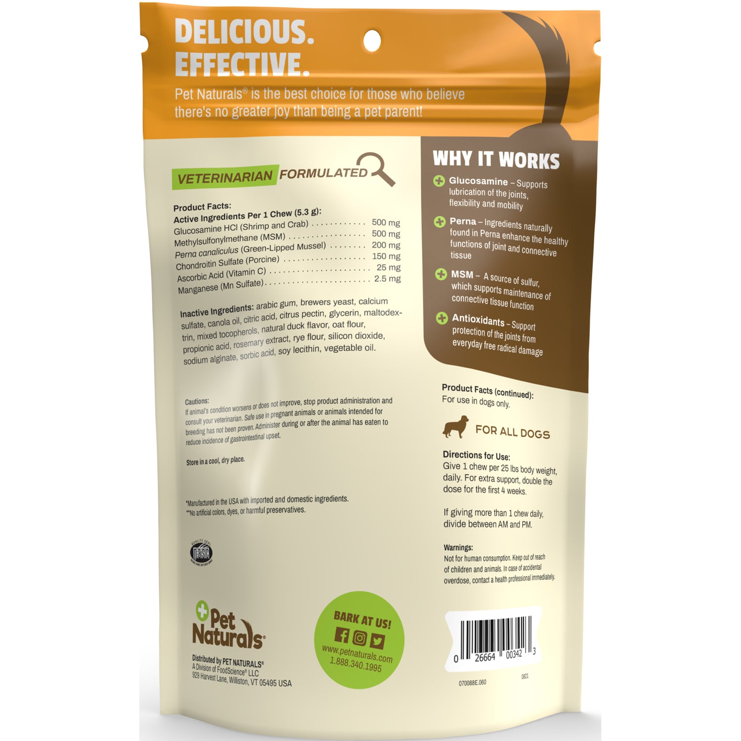 PTN069 | Back of Pet Naturals dog supplement pouch showing product facts, ingredients, directions, and barcode