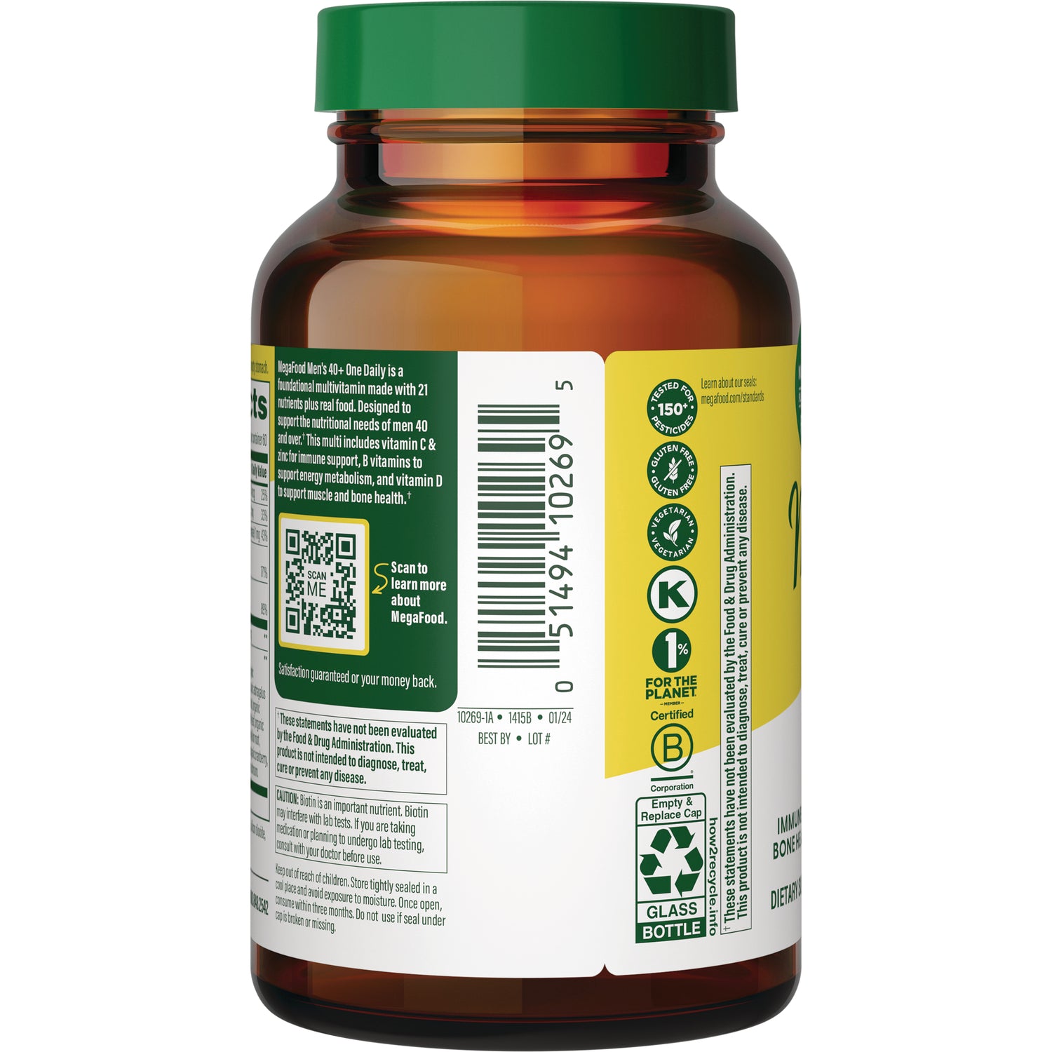 MGF033 | Back of amber supplement bottle showing barcode, QR code, certification icons and small ingredient and usage text