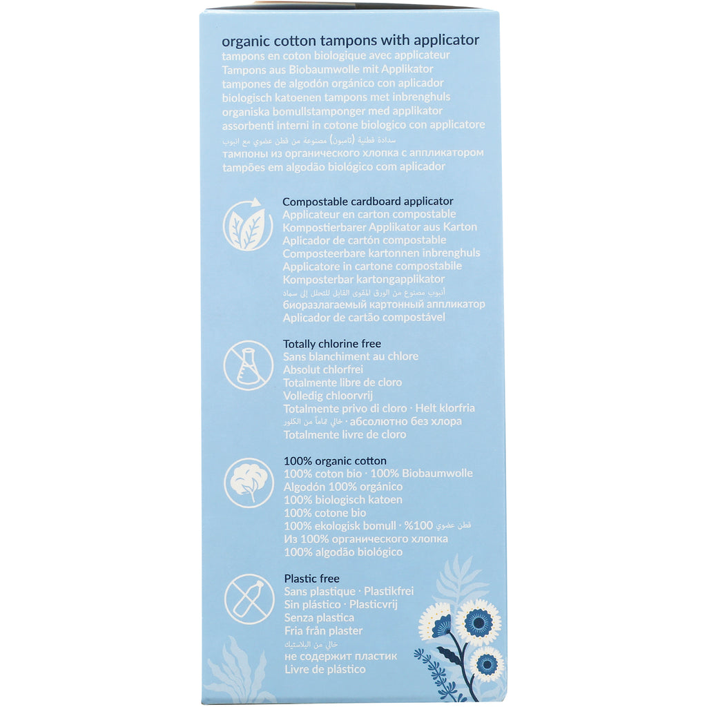 NCR004 | Back of blue tampon box showing multilingual product info and icons for compostable applicator, chlorine free, 100% organic cotton - Thumbnail