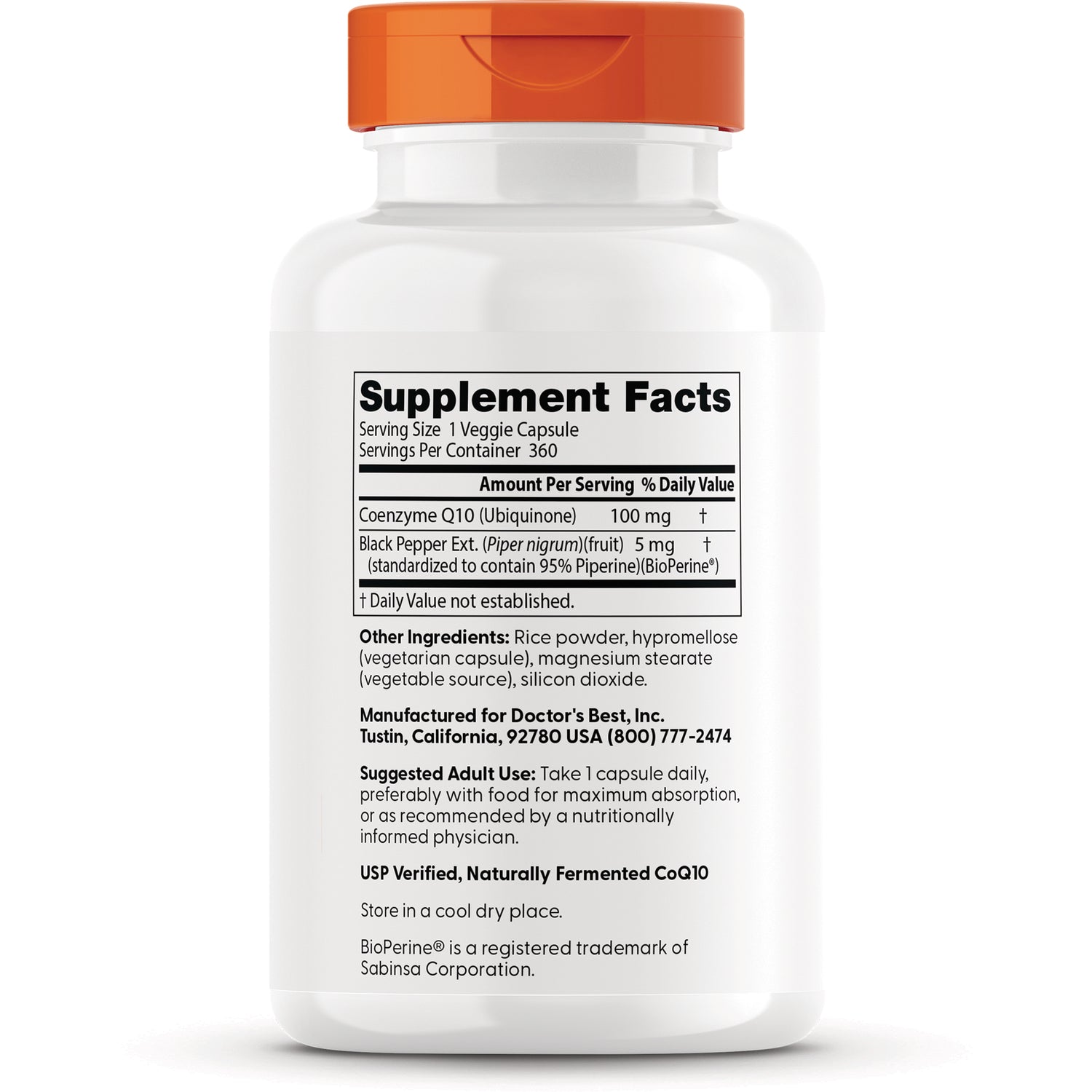DB240 | back label showing Supplement Facts panel listing Coenzyme Q10 100 mg and Black Pepper extract 5 mg, suggested use and manufacturer info