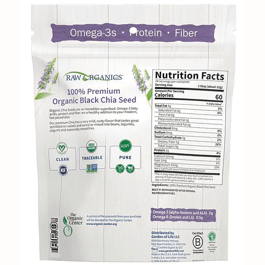 GLF164 | Back of white pouch labeled 100% Premium Organic Black Chia Seed with nutrition facts and certification icons - Thumbnail