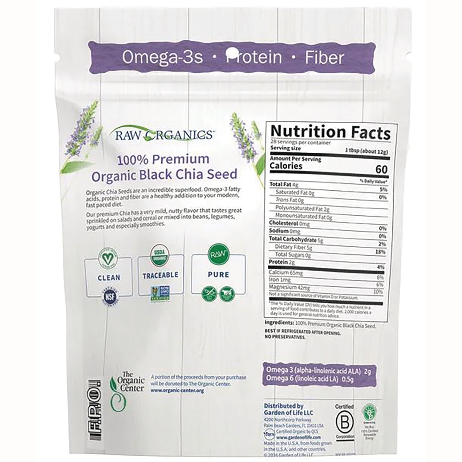 GLF164 | Back of white pouch labeled 100% Premium Organic Black Chia Seed with nutrition facts and certification icons