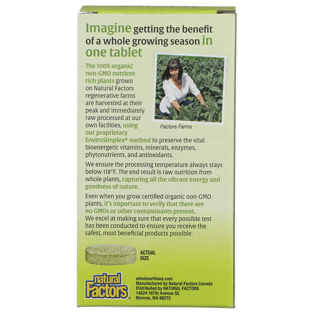 NFC189 | Back of Natural Factors box with organic, non-GMO farming claims and tablet size shown - Thumbnail