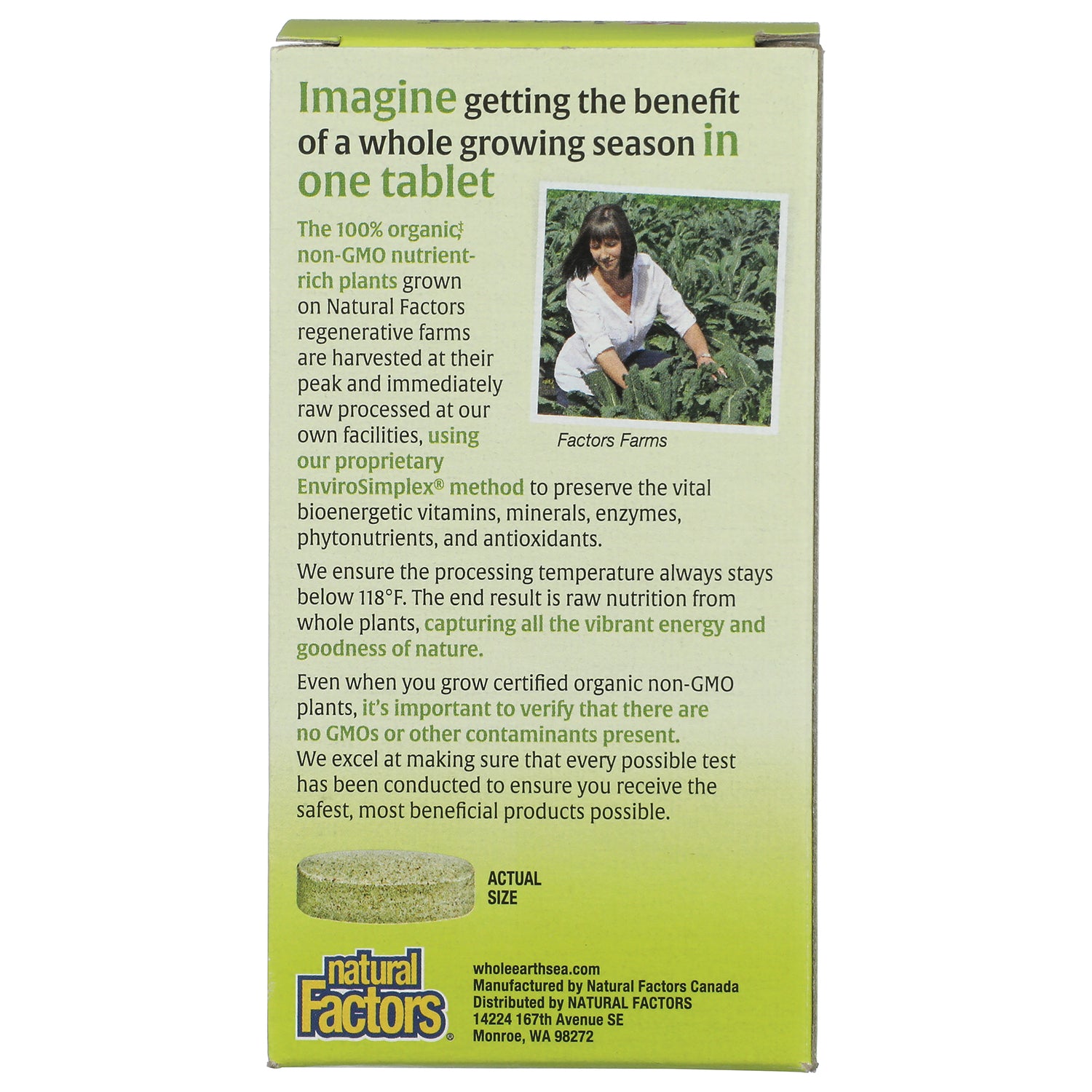 NFC189 | Back of Natural Factors box with organic, non-GMO farming claims and tablet size shown
