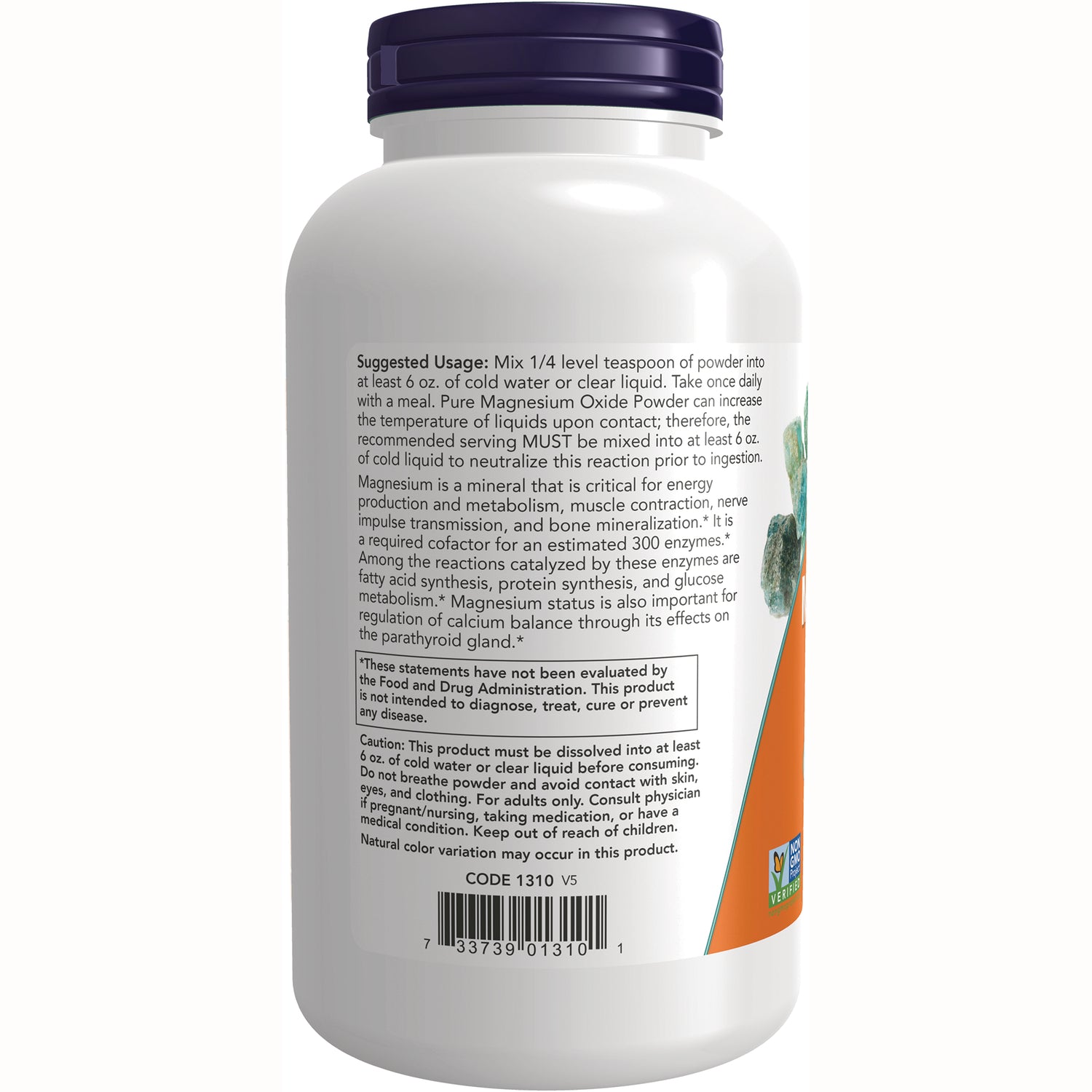 NWF196 | Back of white supplement bottle showing suggested usage text, warnings and barcode
