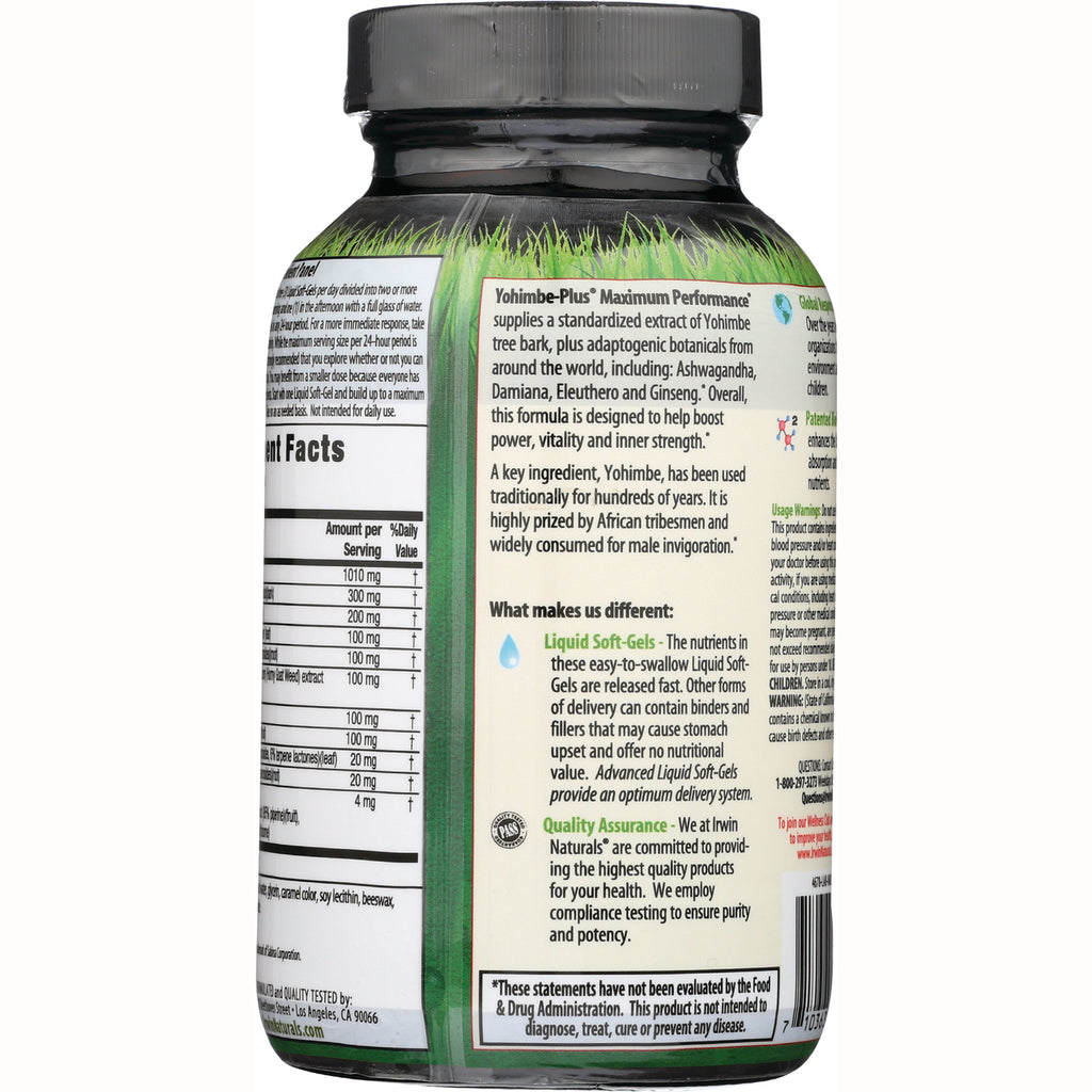 IR105 | Back label of Yohimbe-Plus supplement bottle showing supplement facts and product information - Thumbnail