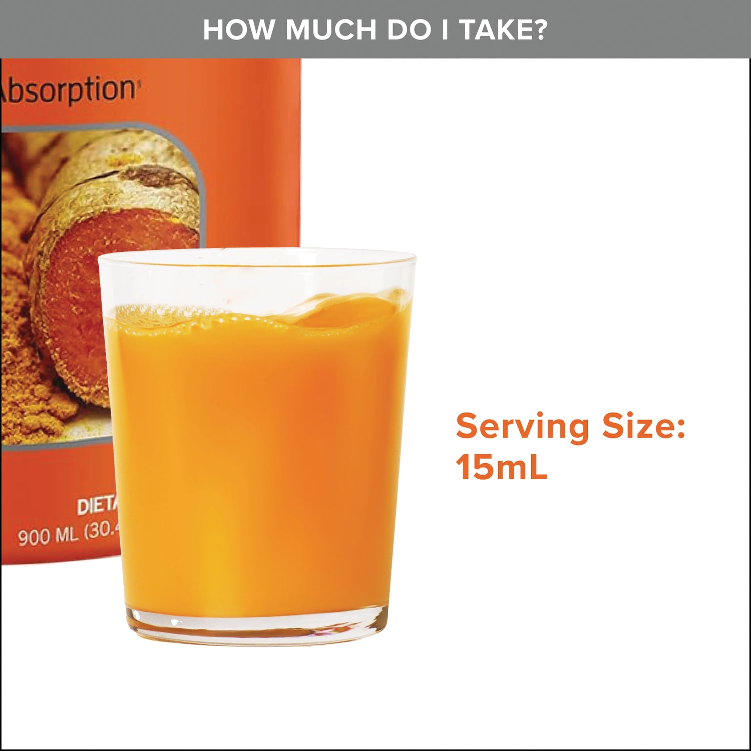 QNL008 | Serving size guide showing 15 mL of orange liquid in a glass