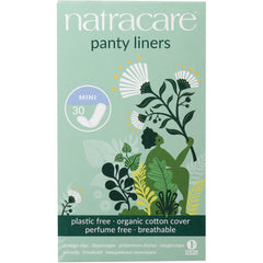 NCR011 | Natracare panty liners mini 30 box, green packaging with botanical illustration, plastic free organic cotton cover