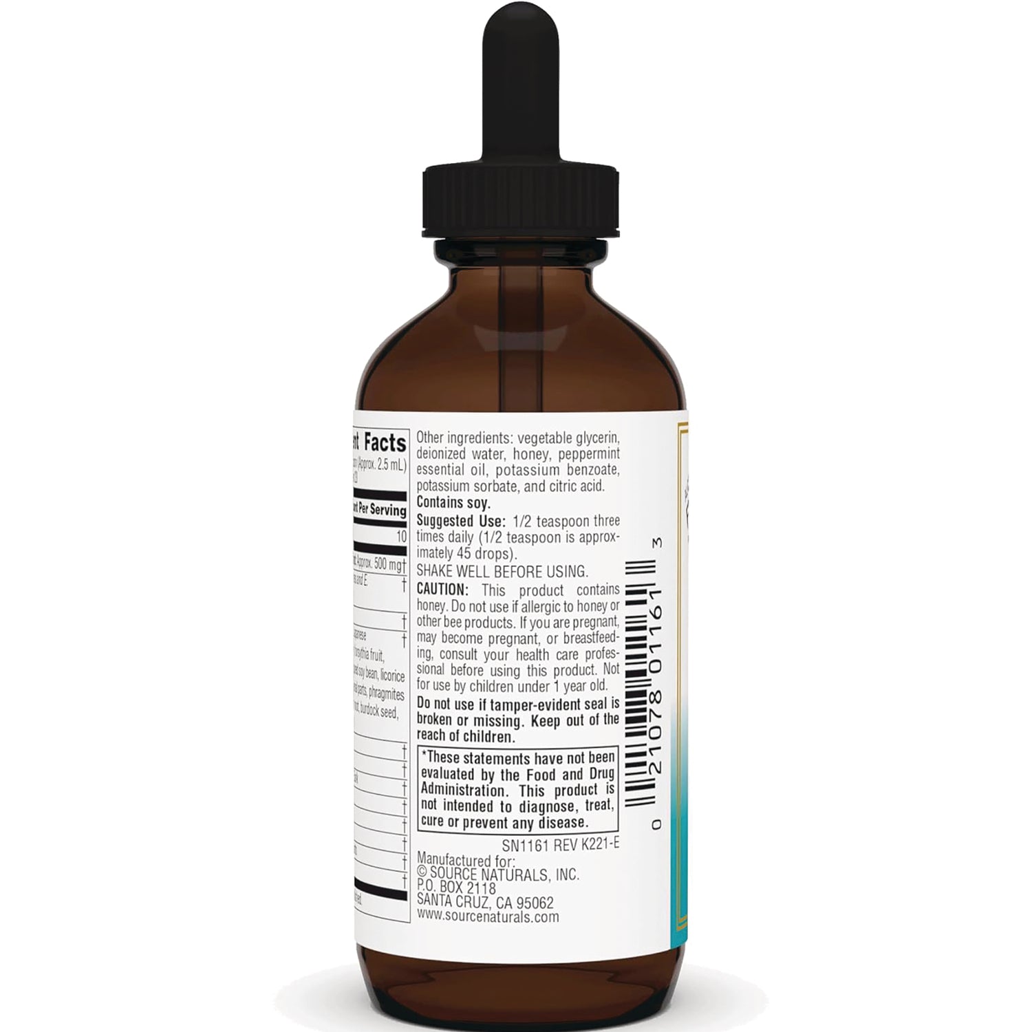 SN407 | Back label of liquid supplement dropper bottle with Supplement Facts, ingredients, suggested use, and caution