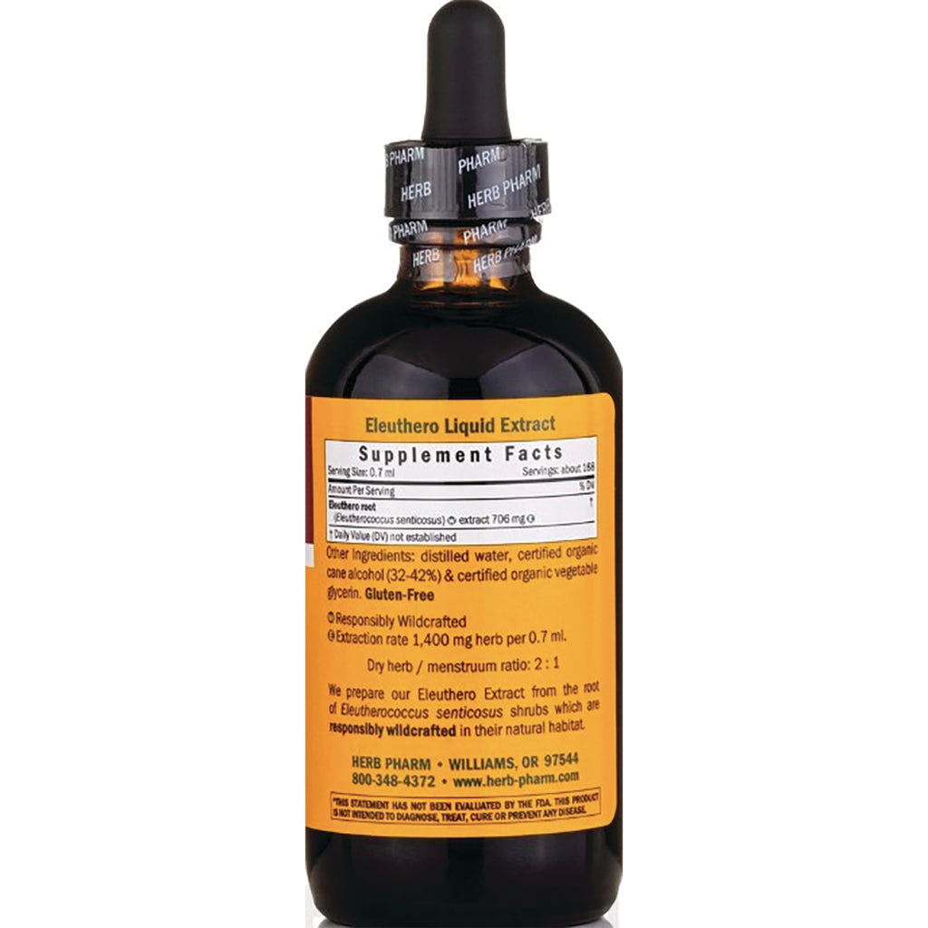 HPH114 | Back of amber dropper bottle showing Supplement Facts and ingredients label for Eleuthero Liquid Extract - Thumbnail