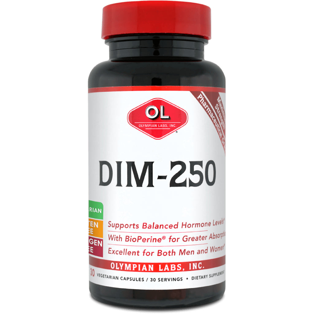 OL130 | Front view of DIM-250 supplement bottle by Olympian Labs with red cap and white label - Thumbnail