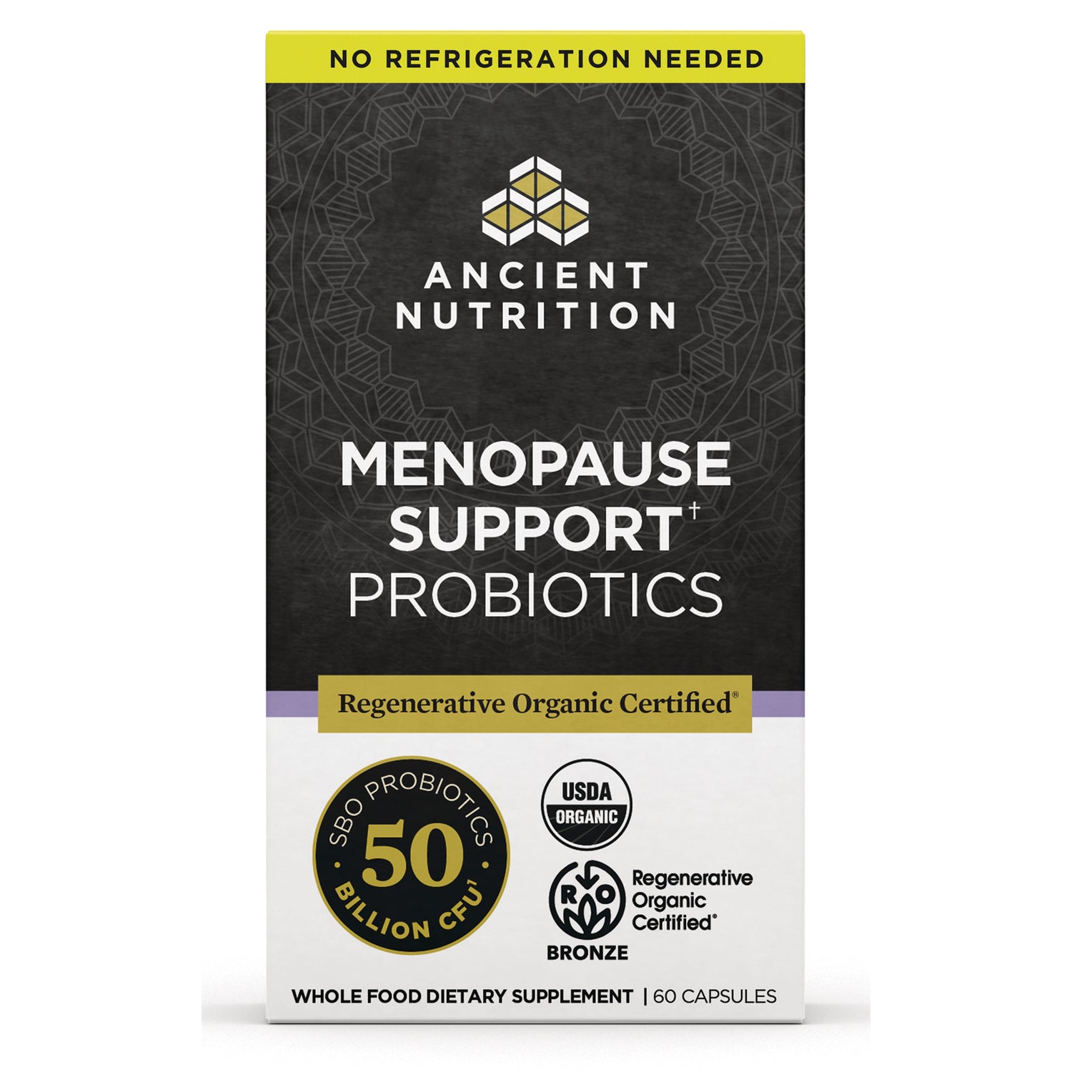 ATN142 | Ancient Nutrition Menopause Support Probiotics front box, 60 capsules, USDA Organic, 50 billion CFU
