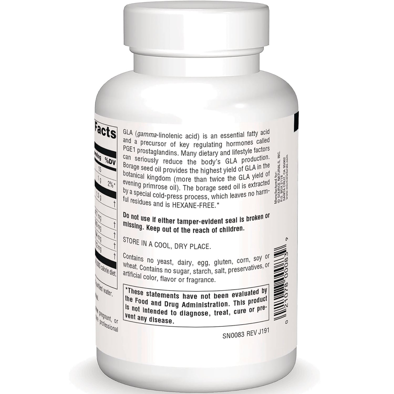 SN249 | Supplement bottle back label with Supplement Facts, GLA description, warnings, and barcode