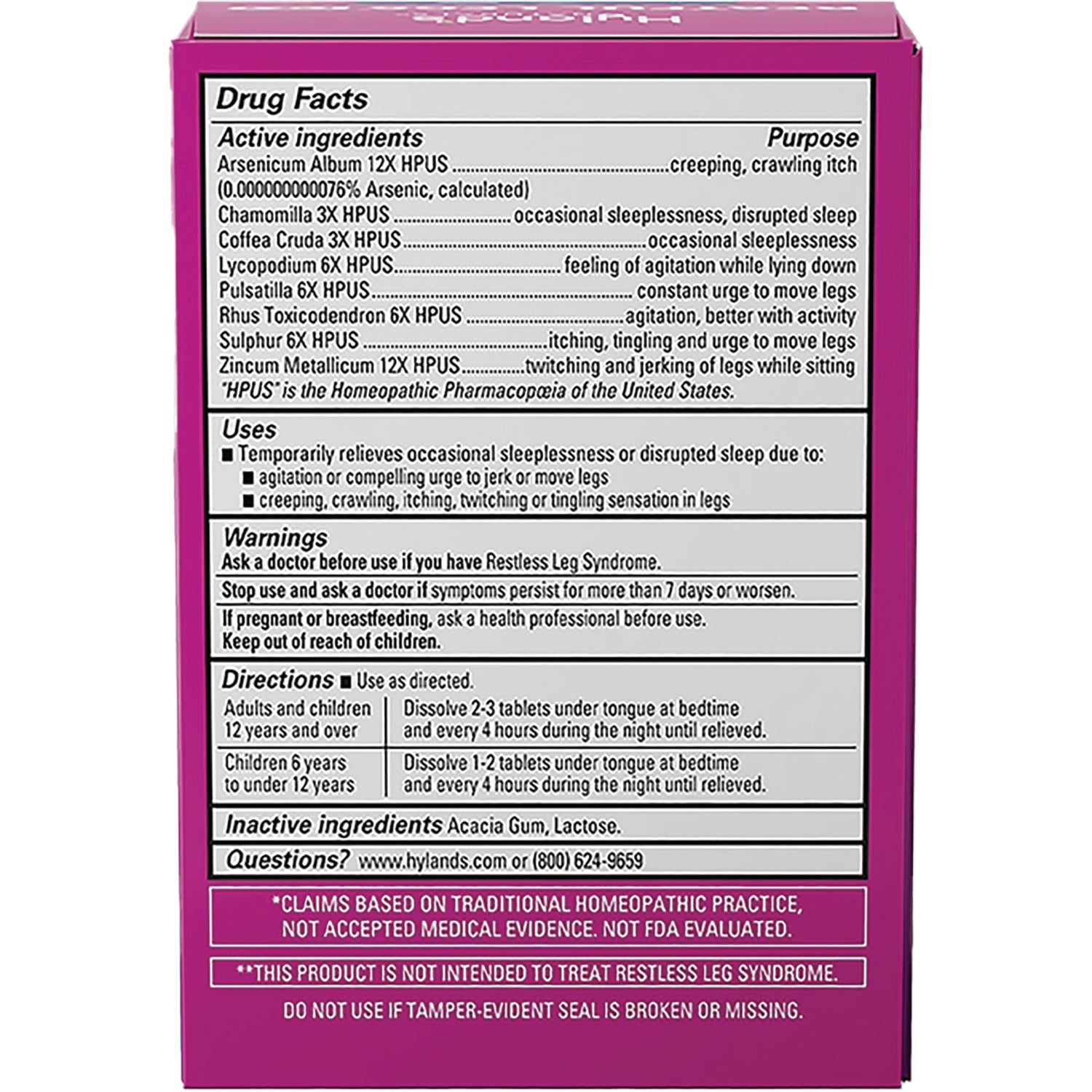 HY263 | Back of magenta product box showing drug facts panel with active ingredients, uses, warnings, and directions