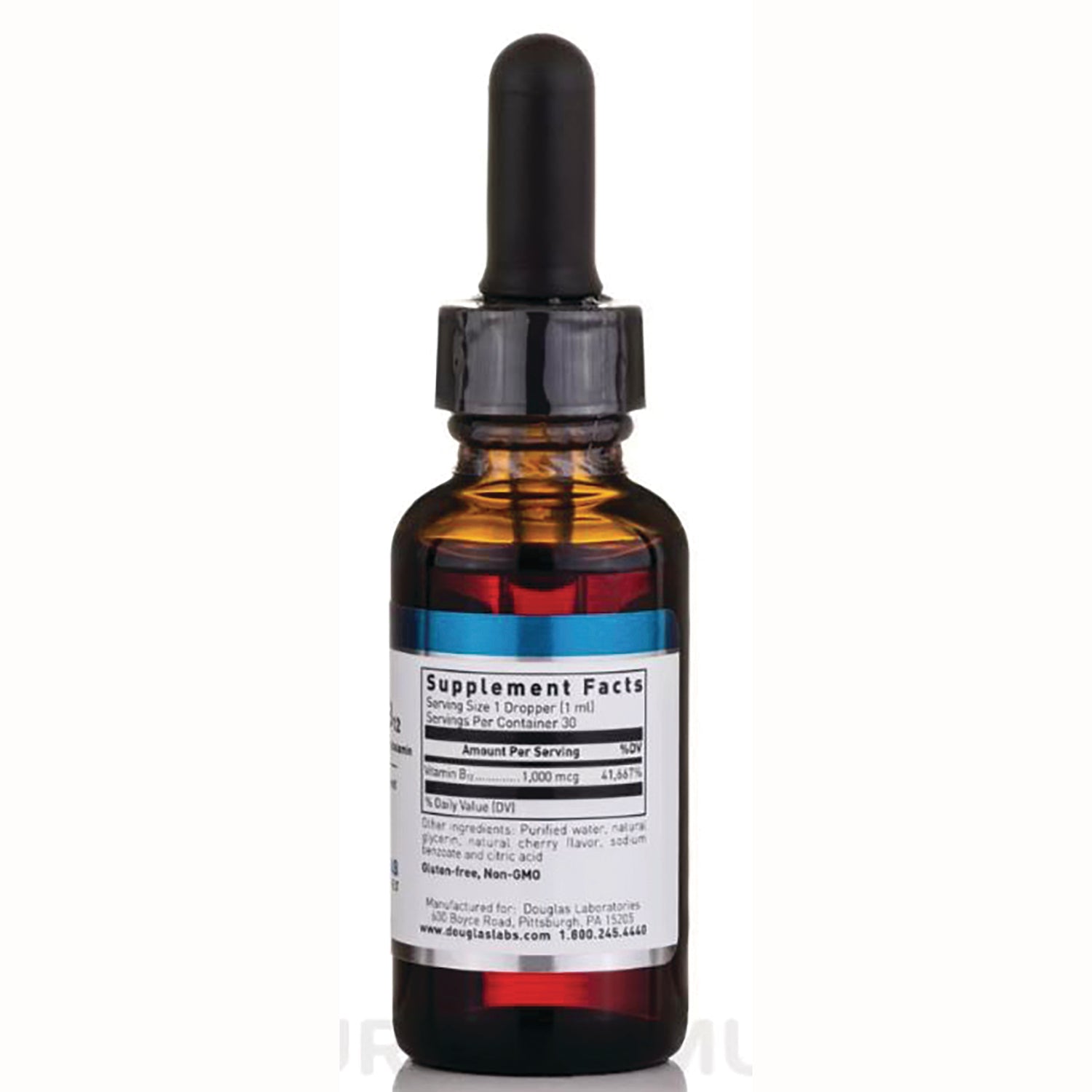 DGL018 | Amber glass dropper bottle back view showing supplement facts label and black dropper